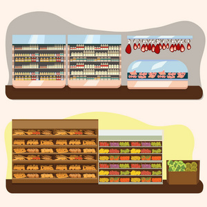 在超市里,新鲜产品的销售在食品商店内部,商店矢量图选择大面包面包店货架